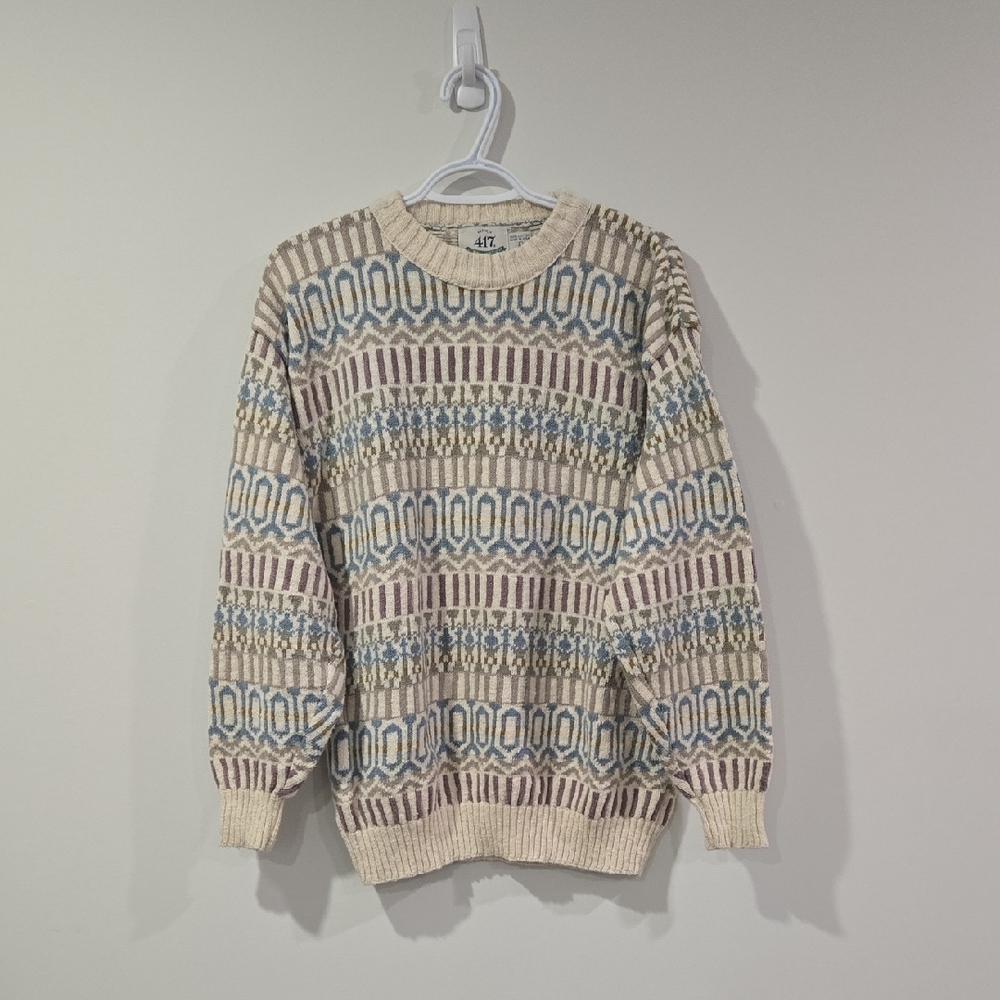 Retro 90's Van Heusen Beige and Blue Patterned Crewneck Cotton Knit Sweater